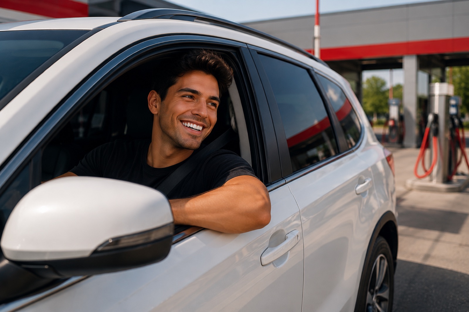 Smiling Soapify member leaning out of a freshly washed white SUV