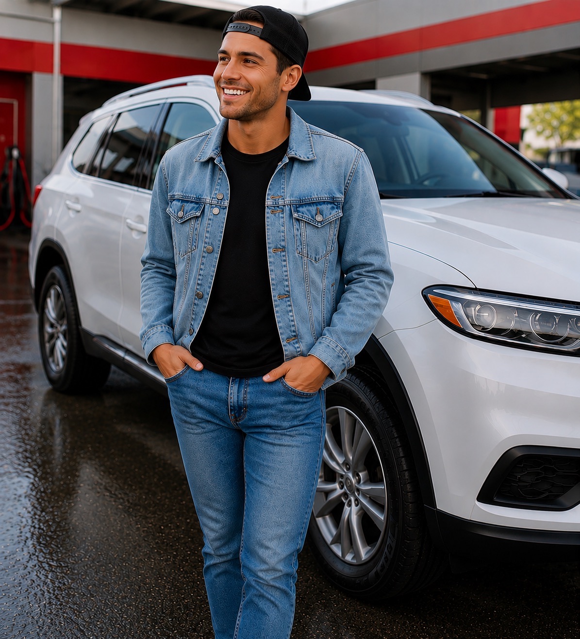 A smiling Soapify member leaning on his freshly washed white SUV